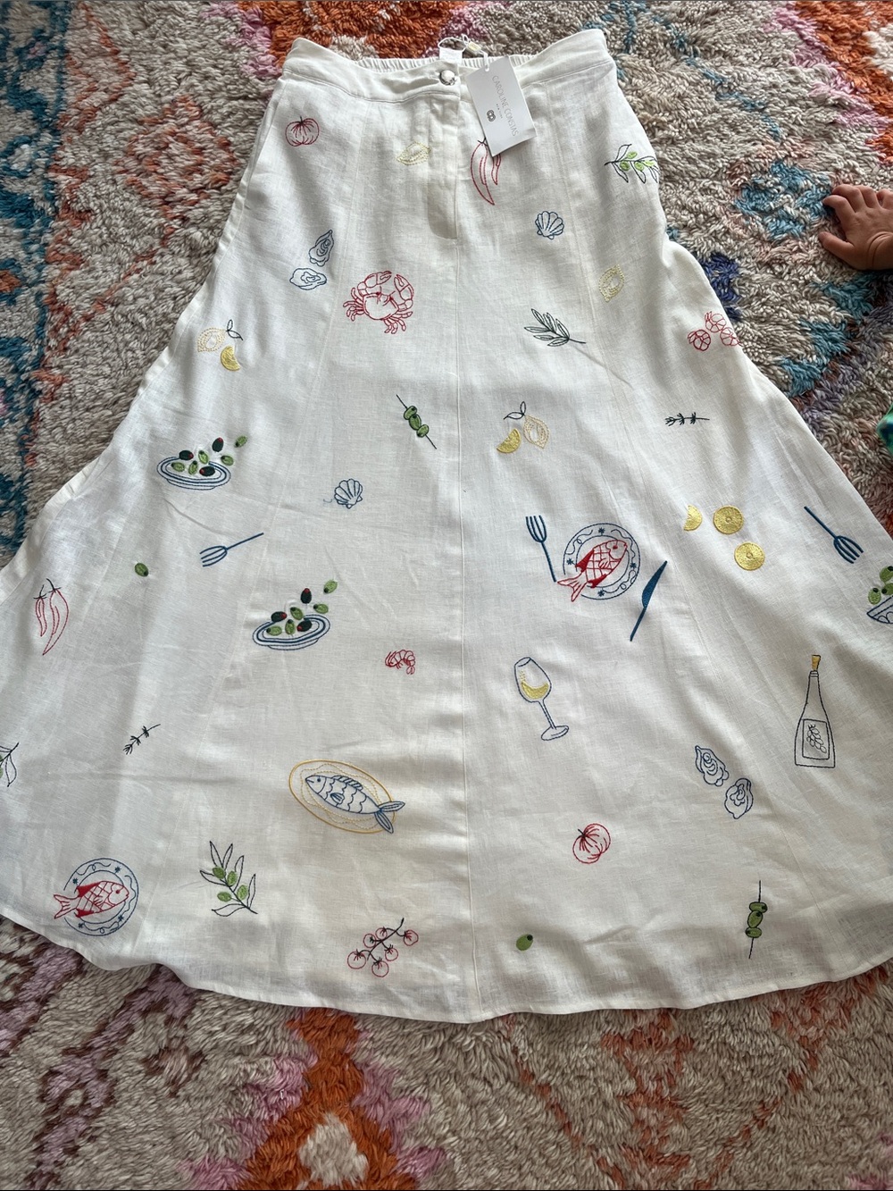 NWT Caroline Constas Women’s White Embroidered Linen A-Line Skirt, Size US 10